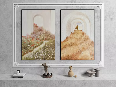 Two Framed Landscape Paintings with Flower Meadow Golden Wheat Field and Archways on Gray Wall 3d model