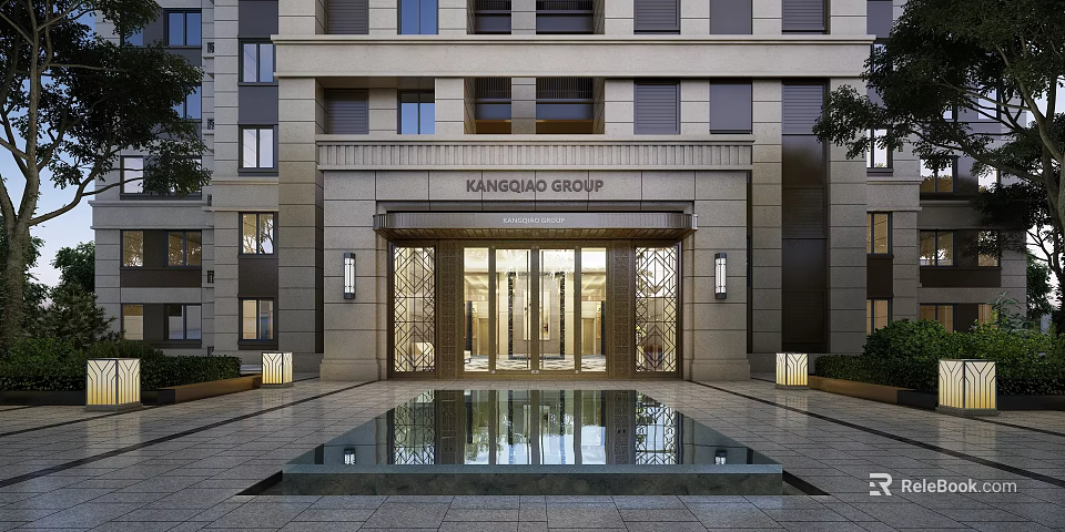 Kangdao Group Main Entrance Gate With Modern Stone Facade Reflective Pool And Elegant Lighting 3d model 