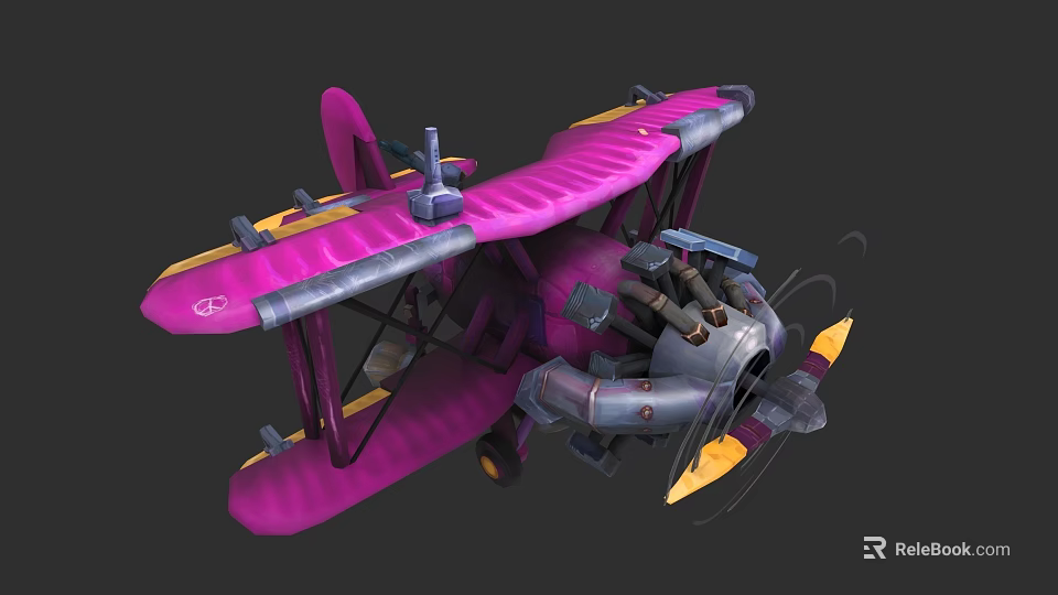 Pink Biplane With Double Wings And Metal Propeller Design Features 3d model