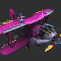 Pink Biplane With Double Wings And Metal Propeller Design Features 3d model