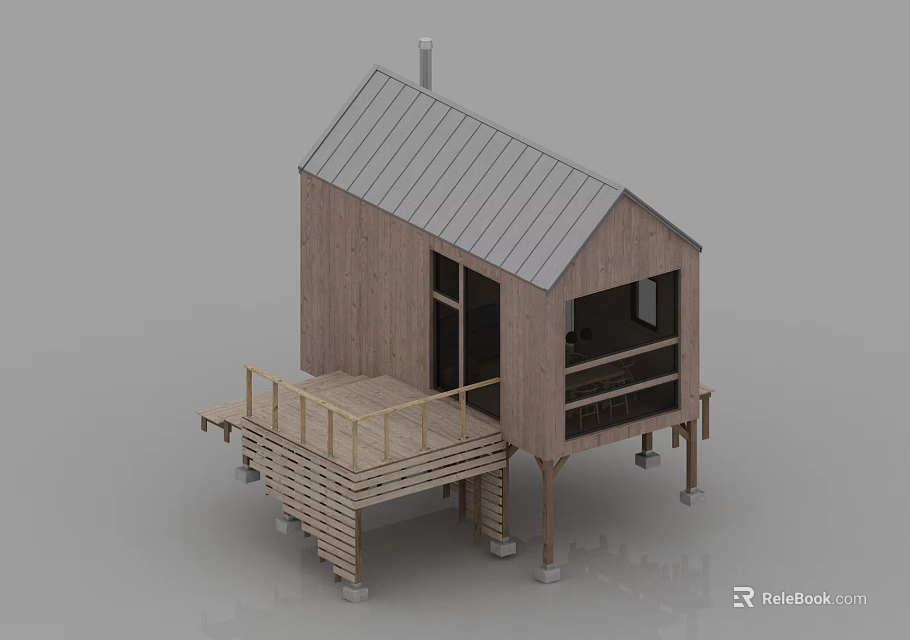 Wooden Cabin Exterior Design With Metal Roof Wooden Deck Railings Windows And Stilts 3d model 