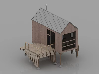 Wooden Cabin Exterior Design With Metal Roof Wooden Deck Railings Windows And Stilts 3d model