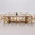 Wooden Rectangular Dining Table and Chair Set with Rattan Seats and Tabletop Decor 3d model