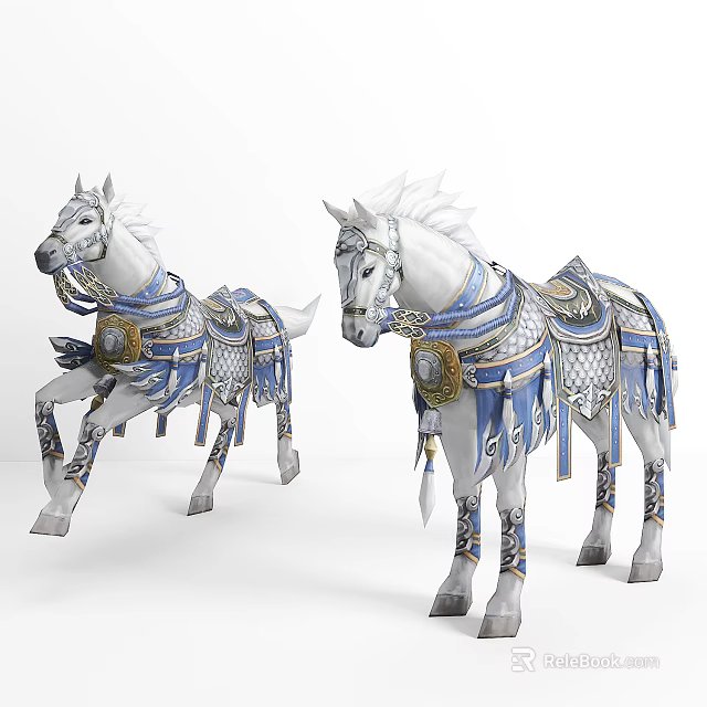 Gorgeous White Horses Adorned With Intricate Blue Gold Ornamental Saddles And Trappings 3d model 