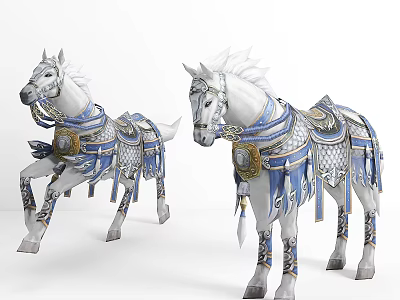 Gorgeous White Horses Adorned With Intricate Blue Gold Ornamental Saddles And Trappings 3d model