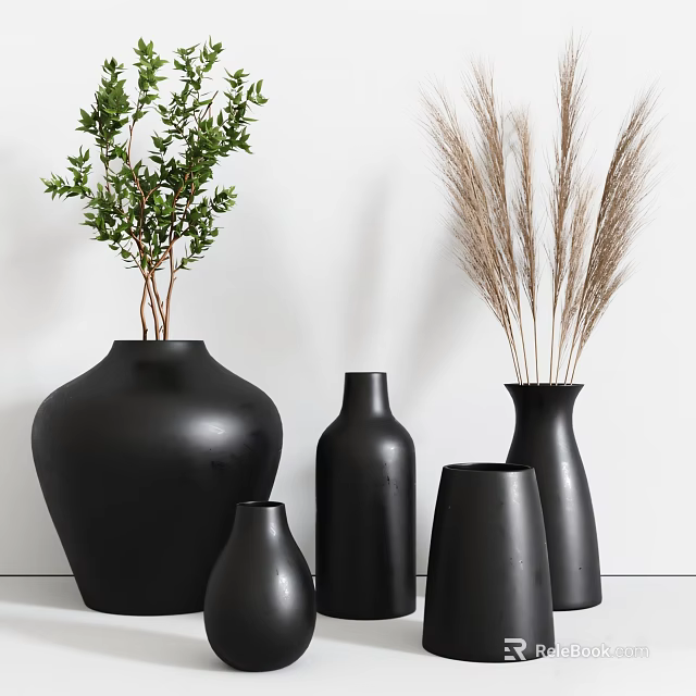 Black Ceramic Vases Decorated With Green Plants And Dried Pampas On White Surface 3d model 