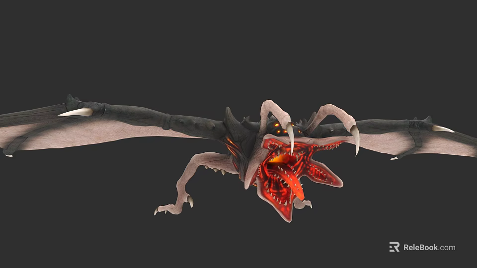 3D Rendered Dragon Game Movie Character With Open Mouth Red Interior Spread Wings Sharp Fangs 3d model 
