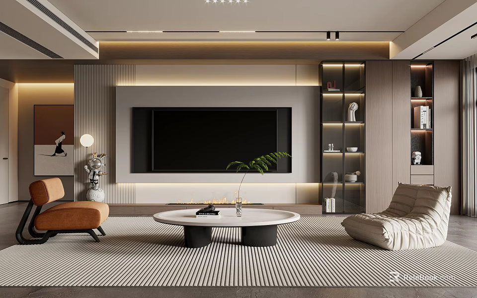 Modern Minimalist Living Room Featuring TV Wall Armchair Lounge Chair Coffee Table And Bookshelves 3d model 