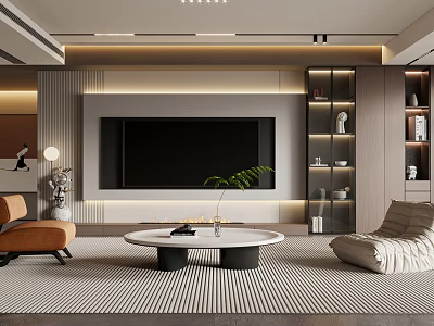 Modern Minimalist Living Room Featuring TV Wall Armchair Lounge Chair Coffee Table And Bookshelves 3d model
