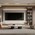 Modern Minimalist Living Room Featuring TV Wall Armchair Lounge Chair Coffee Table And Bookshelves
