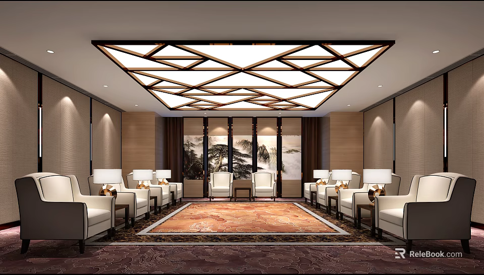 Hotel Public Lounge with Geometric Ceiling Design Landscape Painting Comfortable Sofas and Ornate Rug 3d model 