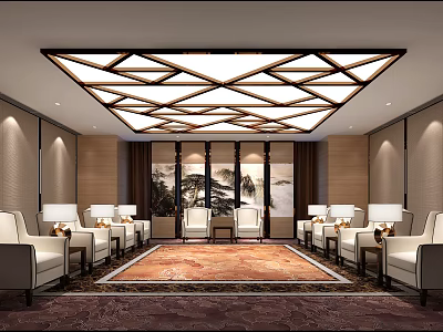 Hotel Public Lounge with Geometric Ceiling Design Landscape Painting Comfortable Sofas and Ornate Rug 3d model