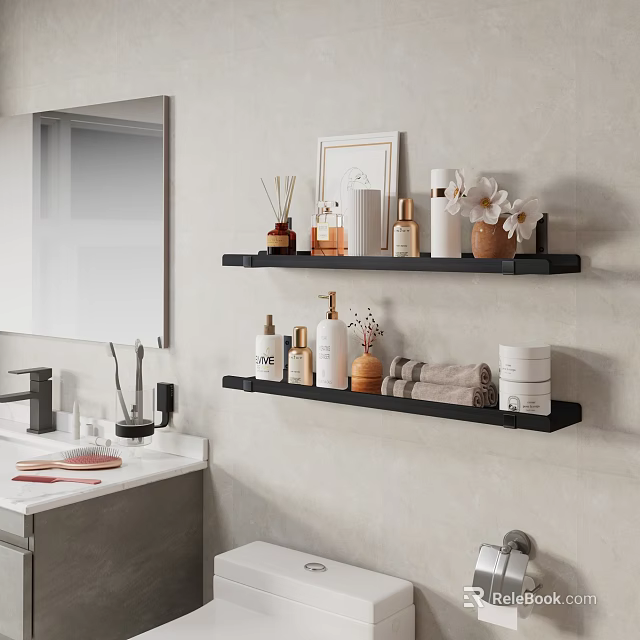 Stylish Bathroom Decorative Items Arrangement on Black Wall Shelves with Perfume Bottles Towels and Vase 3d model 