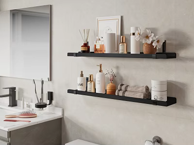 Stylish Bathroom Decorative Items Arrangement on Black Wall Shelves with Perfume Bottles Towels and Vase 3d model