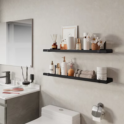 Stylish Bathroom Decorative Items Arrangement on Black Wall Shelves with Perfume Bottles Towels and Vase 3d model