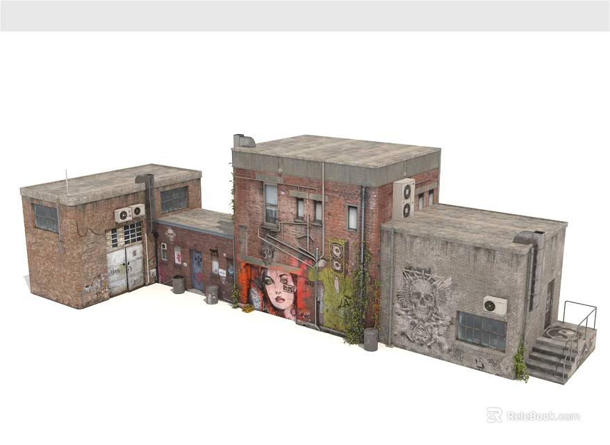 Detailed Urban Building Models With Brick Walls Graffiti Windows And Air Conditioners 3d model 