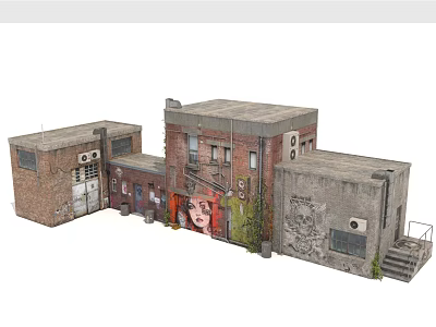 Detailed Urban Building Models With Brick Walls Graffiti Windows And Air Conditioners 3d model