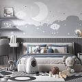Gray Toned Kids Bedroom With Cloud Moon Wall Art And Toys