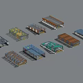 Modern Parking Structures With Multi Colored Covers And Parked Vehicles 3d model