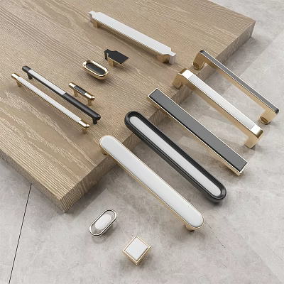 Modern Metallic Cabinet Handles In Gold Black White Colors On Wooden Surface 3d model Modern Metallic Cabinet Handles In Gold Black White Colors On Wooden Surface 3d model