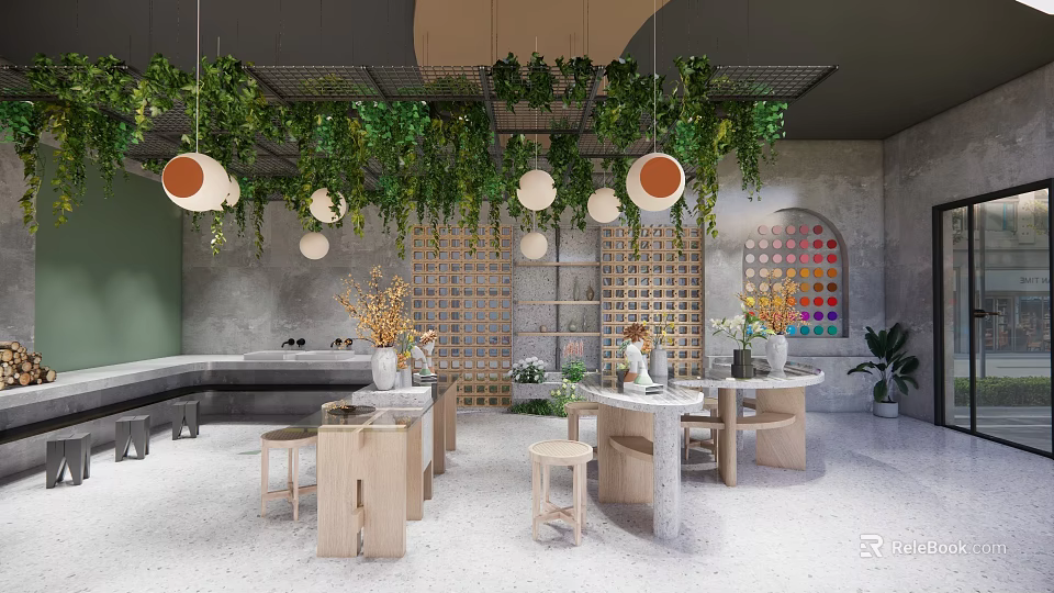 Modern Cafe Interior With Hanging Green Plants Round Pendant Lights Wooden Tables And Colorful Decor 3d model 