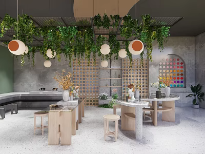 Modern Cafe Interior With Hanging Green Plants Round Pendant Lights Wooden Tables And Colorful Decor 3d model