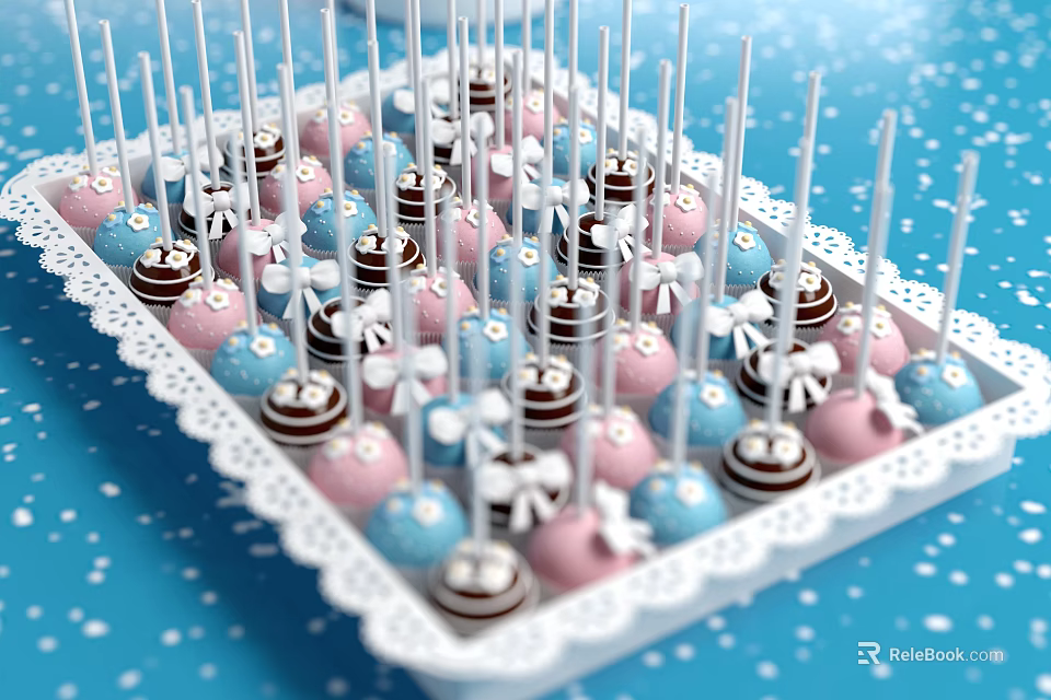 Colorful Cake Pops With Pink Blue And Chocolate Coating In White Lace Tray 3d model 