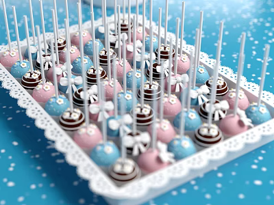 Colorful Cake Pops With Pink Blue And Chocolate Coating In White Lace Tray 3d model