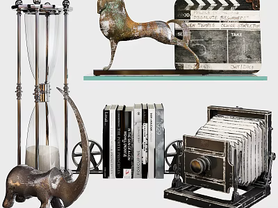 Decorative Ornament Set With Hourglass Bronze Horse Clapperboard Elephant Statue Vintage Books And Retro Camera 3d model