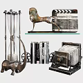 Decorative Ornament Set With Hourglass Bronze Horse Clapperboard Elephant Statue Vintage Books And Retro Camera
