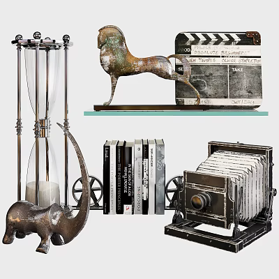 Decorative Ornament Set With Hourglass Bronze Horse Clapperboard Elephant Statue Vintage Books And Retro Camera 3d model