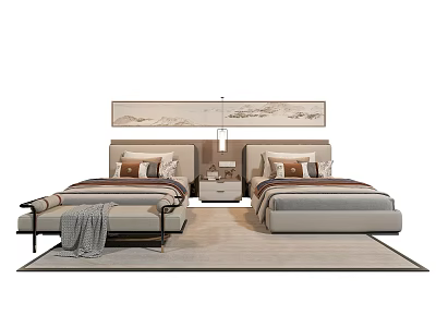 Modern Single Beds Bedroom Design With Upholstered Headboards Pillows And Area Rug 3d model