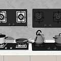 Modern Kitchen With Black Gas Hobs And Cookware On White Countertop And Cabinets