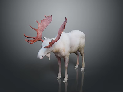 White Moose With Large Red Antlers Standing On Dark Background 3d model