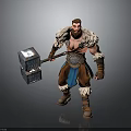 Bearded Warrior in Fur Trimmed Outfit Wielding Large Ornate Hammer With Details