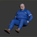 Woman in blue jumpsuit with white text sitting on black surface smiling in brown shoes