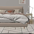 Bright Bedroom With Beige Bed White Bedding Brown Throw Geometric Rug Large Windows And Plants