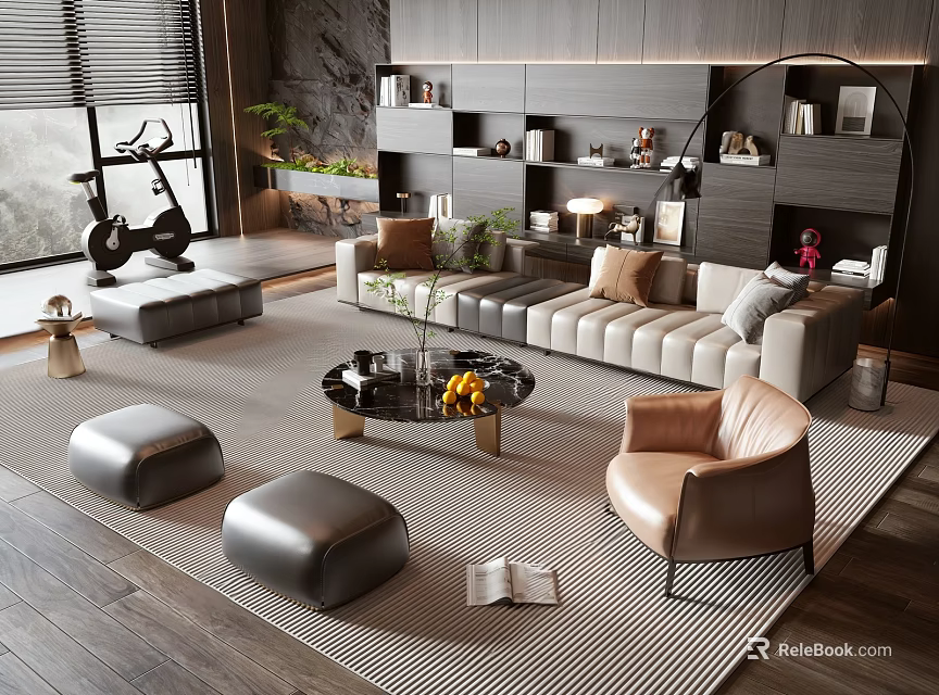 Modern Living Room Sofa And Coffee Table Set With Gray Ottomans Leather Armchair And Bookshelf 3d model 