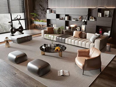 Modern Living Room Sofa And Coffee Table Set With Gray Ottomans Leather Armchair And Bookshelf 3d model