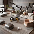 Modern Living Room Sofa And Coffee Table Set With Gray Ottomans Leather Armchair And Bookshelf