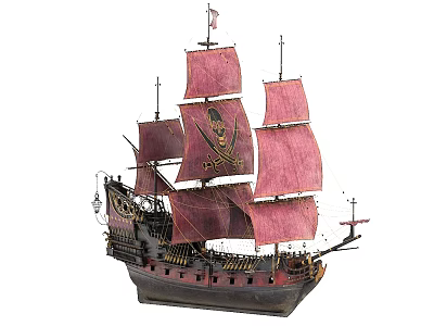 Wooden Pirate Ship Model With Red Sails Black Hull And Skull Flag 3d model