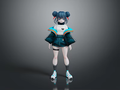 Anime Game Character Featuring Twin Buns Dark Hair Blue Orange Accents Coat Shorts Socks Sneakers 3d model