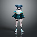 Anime Game Character Featuring Twin Buns Dark Hair Blue Orange Accents Coat Shorts Socks Sneakers