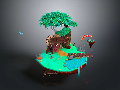 Floating Island Scene With Large Green Tree Wooden Hut Bridge Pond Fish And Boat 3d model