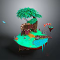 Floating Island Scene With Large Green Tree Wooden Hut Bridge Pond Fish And Boat
