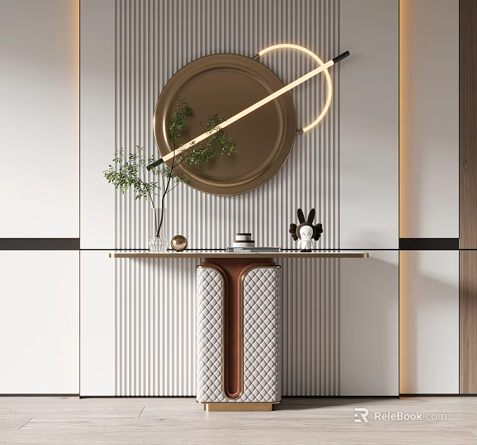 Elegant Modern Console Table With Glass Top Circular Mirror Green Plant And Striped Wall 3d model 
