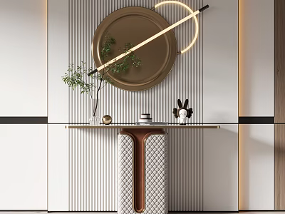 Elegant Modern Console Table With Glass Top Circular Mirror Green Plant And Striped Wall 3d model