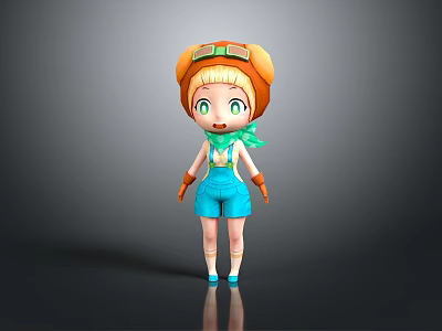 Cute 3D Cartoon Character With Orange Hair Goggles Green Scarf Blue Overalls And Orange Gloves 3d model