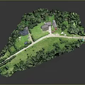 Lush Green Forest Scene With Small Wooden Cabins And Curved Path Surrounded By Trees