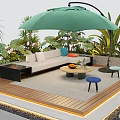 Cozy Courtyard Garden With Green Umbrella Sofa Wooden Deck Small Table Stools And Plants